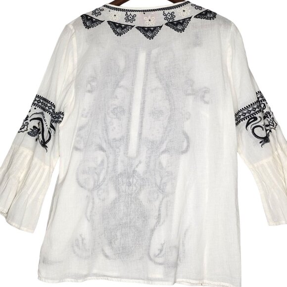 V Cristina Tunic Top, Women's Button Up White with Navy Embroidery, Three-Quarte - Picture 2 of 8
